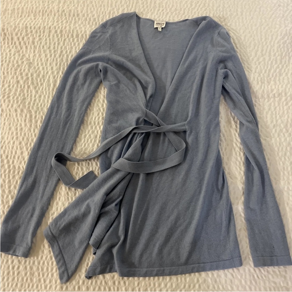 ARMANI COLLEZIONI Self Tie Wrap Cashmere Cardigan In Blue Size 6